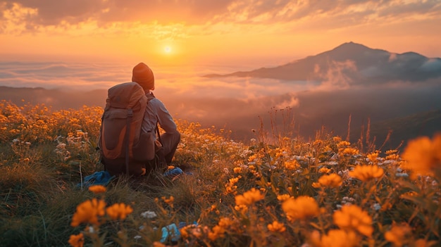 Una persona seduta su una roccia e che guarda il tramonto