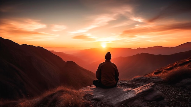 Una persona seduta sulla cima di una montagna e guardando il tramonto