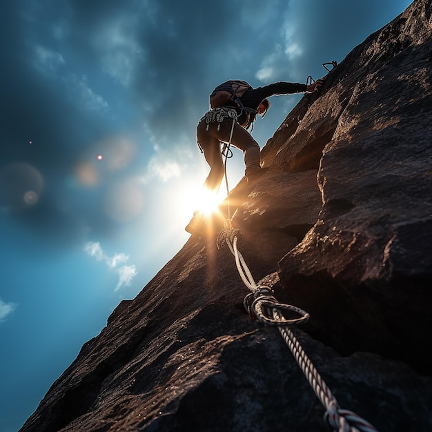 Una persona si arrampica su una roccia con una corda.