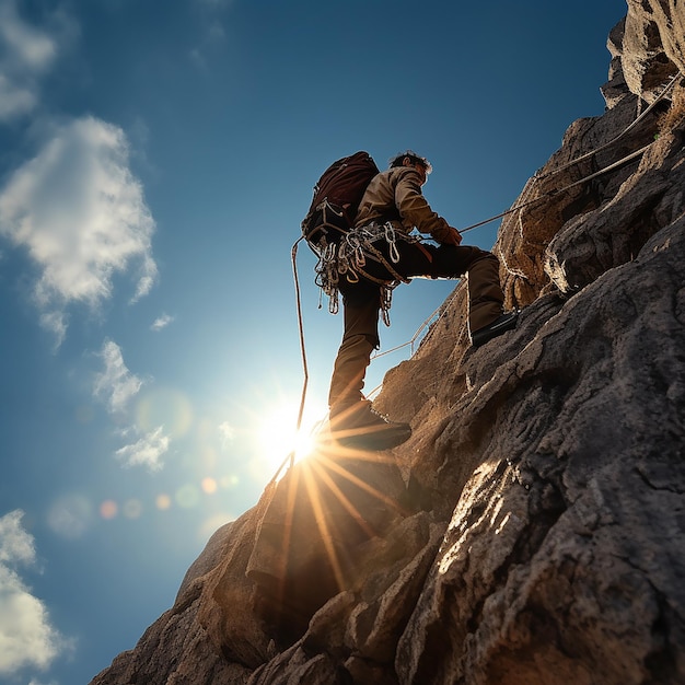 Una persona si arrampica su una roccia con una corda.