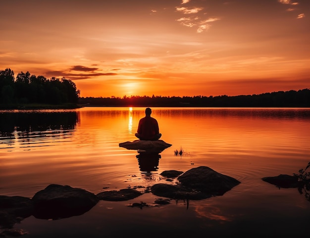 Una persona si siede su un kayak in un lago al tramonto.