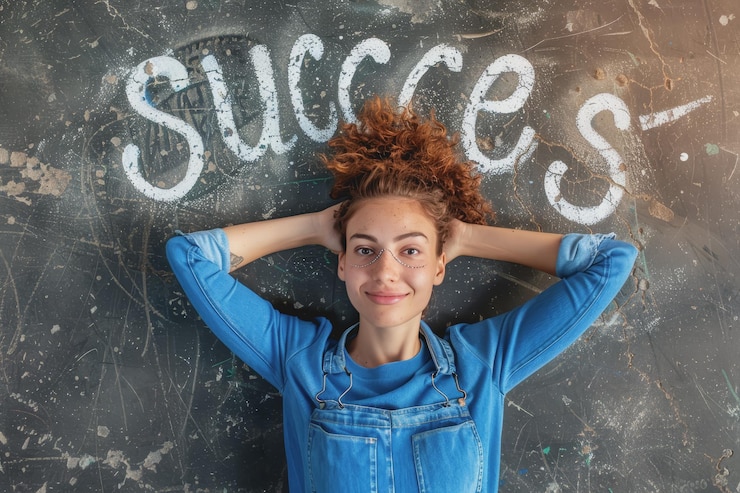 Foto una persona si trova con fiducia di fronte a un cartello commerciale con la parola "successo" e una startup