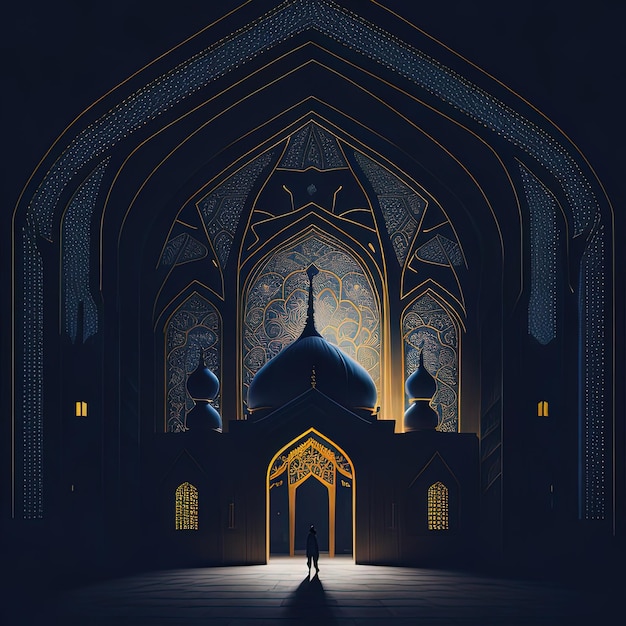 Una persona si trova davanti a una grande moschea con una cupola blu.