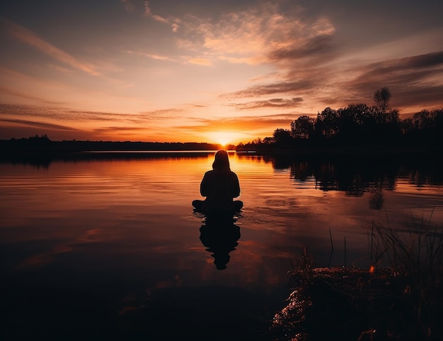 Una persona siede in un lago con un tramonto sullo sfondo.