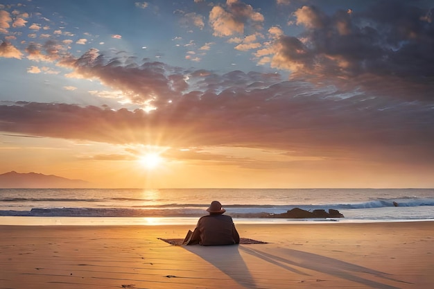 Una persona siede su una spiaggia a guardare il tramonto.