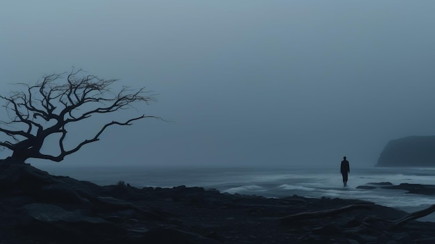 una persona sola in piedi davanti a un albero in una giornata nebbiosa