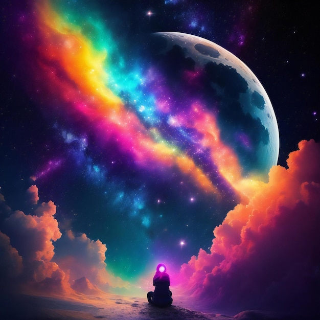 Una persona sotto le colorate galassie cosmiche nel cielo e la luna splendente