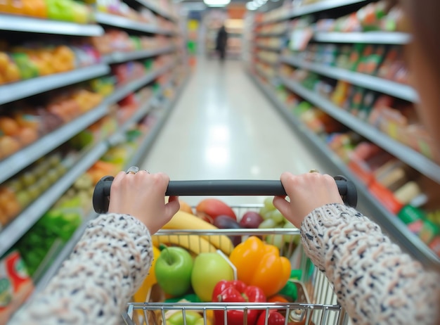 Una persona spinge un carrello pieno di verdure fresche nel corridoio di un negozio di alimentari