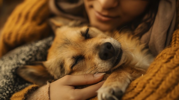 Una persona sta accarezzando affettuosamente un cane che dorme soddisfatto