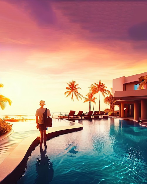 Una persona sta camminando davanti a una piscina con un tramonto sullo sfondo.