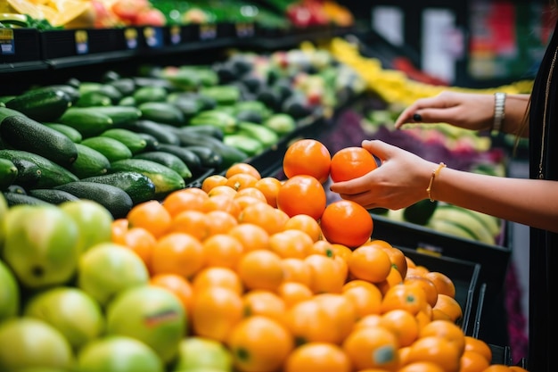 Una persona sta facendo la spesa in un negozio di alimentari con un reparto frutta sullo sfondo IA generativa