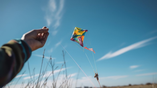 Una persona sta facendo volare un aquilone in un campo con un cielo blu sullo sfondo.