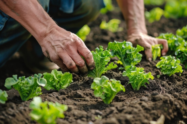 Una persona sta piantando la lattuga in un giardino