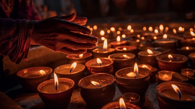 Una persona sta raggiungendo una candela con le mani davanti a sé.