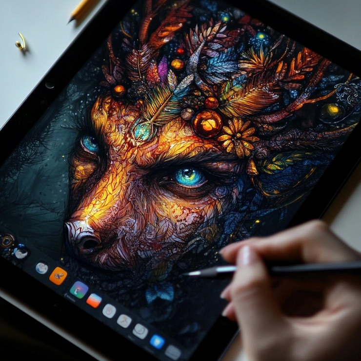 Foto una persona sta scrivendo su una tavoletta con un disegno di un leone su di essa