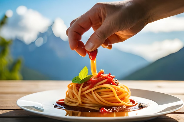 Una persona sta spruzzando salsa su un piatto di spaghetti.