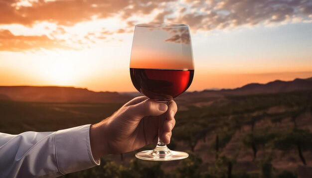 Una persona sta tenendo un bicchiere di vino con un vino rosso in esso