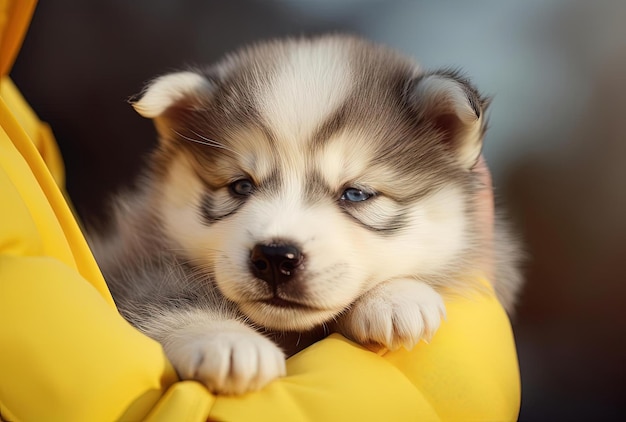 una persona sta tenendo un cucciolo husky nello stile del giallo e dell'argento