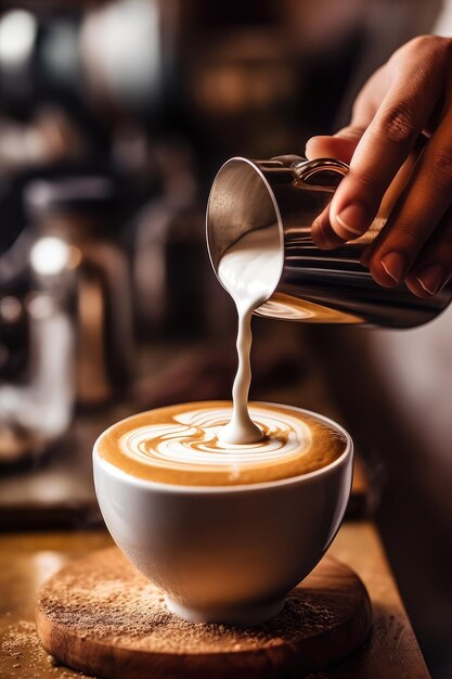 Una persona sta versando latte in una tazza di cappuccino