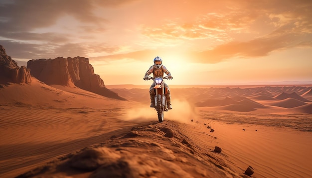 Una persona su una bici da cross attraversa il deserto al tramonto