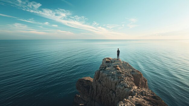 Una persona su una scogliera rocciosa che guarda l'oceano tranquillo che sostiene la Giornata Mondiale degli Oceani catturando la vastità del paesaggio all'orizzonte