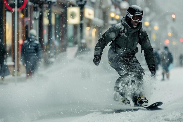 una persona su una snowboard indossa una giacca con la parola "quotation"