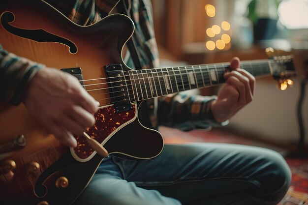 Una persona suona una chitarra elettrica in un soggiorno