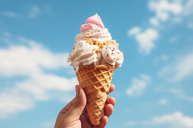 una persona tiene in mano un cono gelato con la scritta "gelato" sopra.