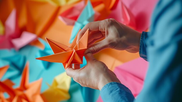 Una persona tiene in mano una figura di origami La figura è un fiore con più petali