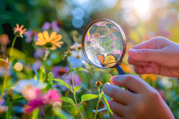 Una persona tiene in mano una lente d'ingrandimento e guarda una farfalla