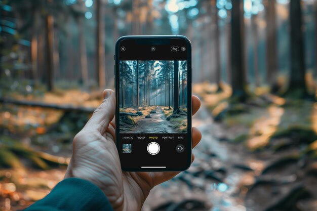 Una persona tiene in mano uno smartphone che cattura un'immagine AR potenziata di un sentiero forestale che mescola tecnologia