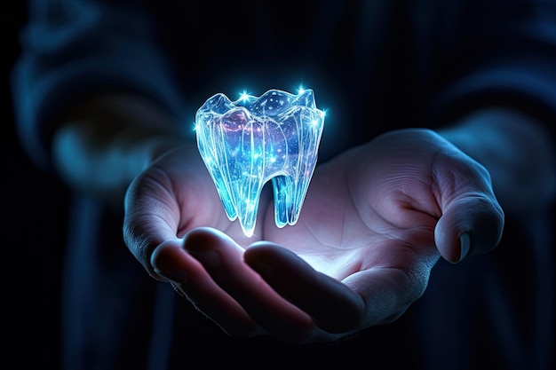 Una persona tiene un dente 3D luminoso su uno sfondo scuro concetto di pubblicità dentista e denti sani