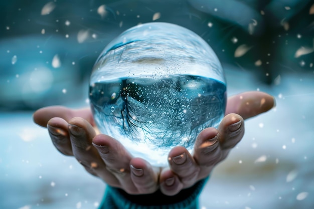 una persona tiene un globo di neve con un albero sullo sfondo