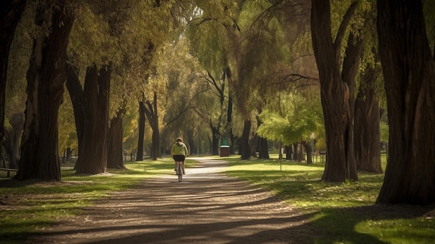 Una persona va in bicicletta attraverso un parco con alberi sullo sfondo.