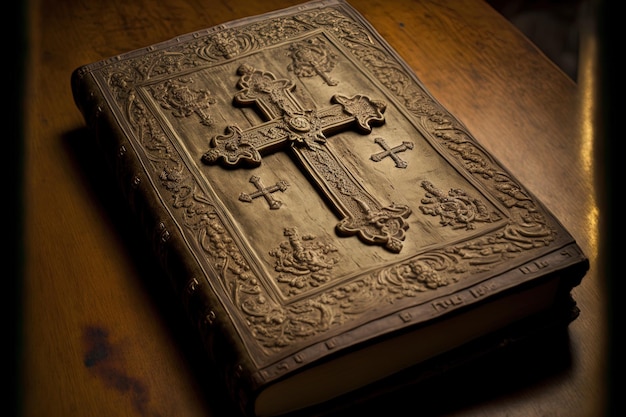 Una pesante Bibbia antica con sopra un crocifisso
