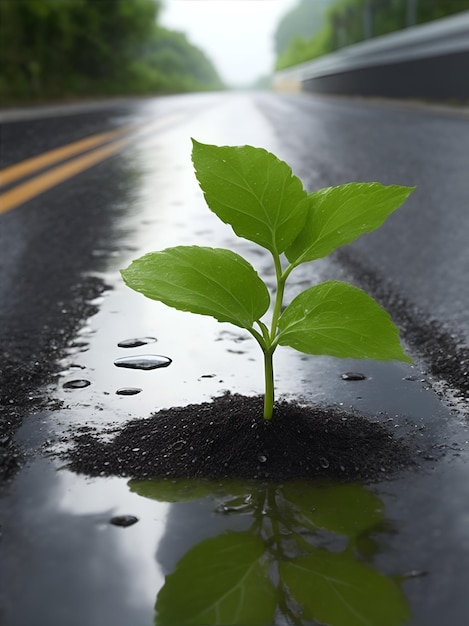 una pianta che cresce nel mezzo di una strada bagnata