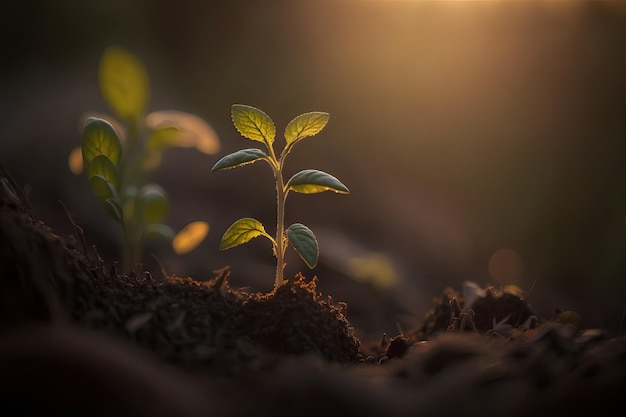 Una pianta che cresce nel terreno con il sole che splende su di essa