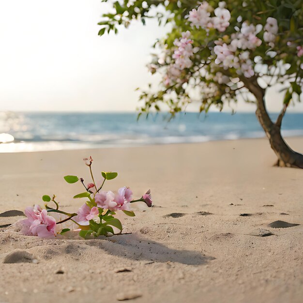 una pianta con fiori rosa nella sabbia su una spiaggia