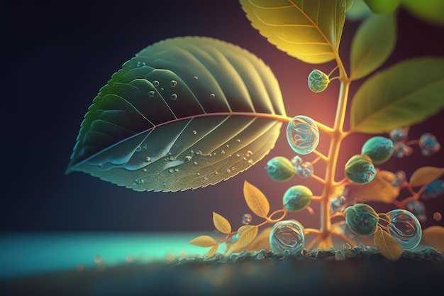 Una pianta con foglie e goccioline d'acqua su di essa IA generativa