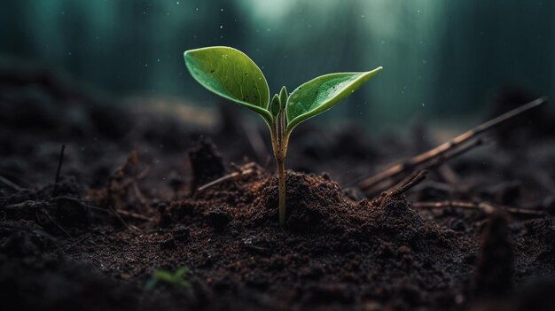 Una pianta con foglie verdi che spuntano dal terreno