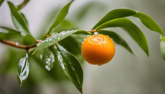 una pianta con gocce d'acqua su di essa e un piccolo fiore arancione su di essa