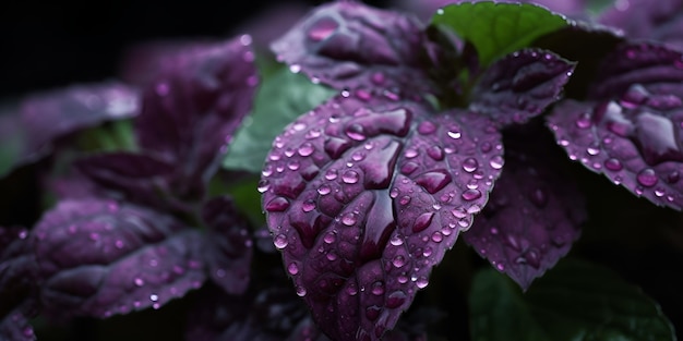 Una pianta di basilico viola con gocce d'acqua su di essa