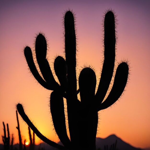 una pianta di cactus con il sole che tramonta dietro la sera messicana