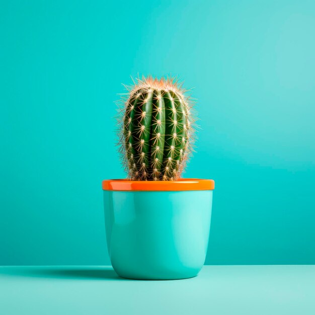 Una pianta di cactus è in un vaso con uno sfondo blu.