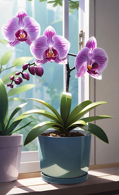 una pianta di orchidee viola con fiori viola in un vaso