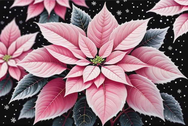 Una pianta di poinsettia rosa vibrante sullo sfondo nero ghiacciato