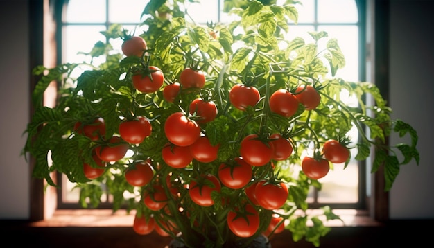 Una pianta di pomodoro con una finestra dietro