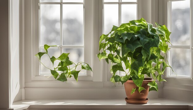 una pianta è su un davanzale della finestra con una finestra dietro di essa