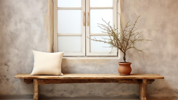 una pianta è su una panchina accanto a una finestra con un cuscino