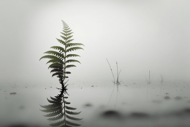 Una pianta frondosa in una scena nebbiosa